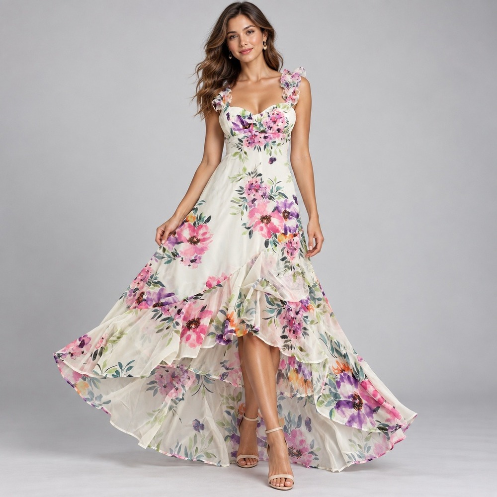 Nightway Floral Ruffle High Low Maxi Dress White Multi Retail $119